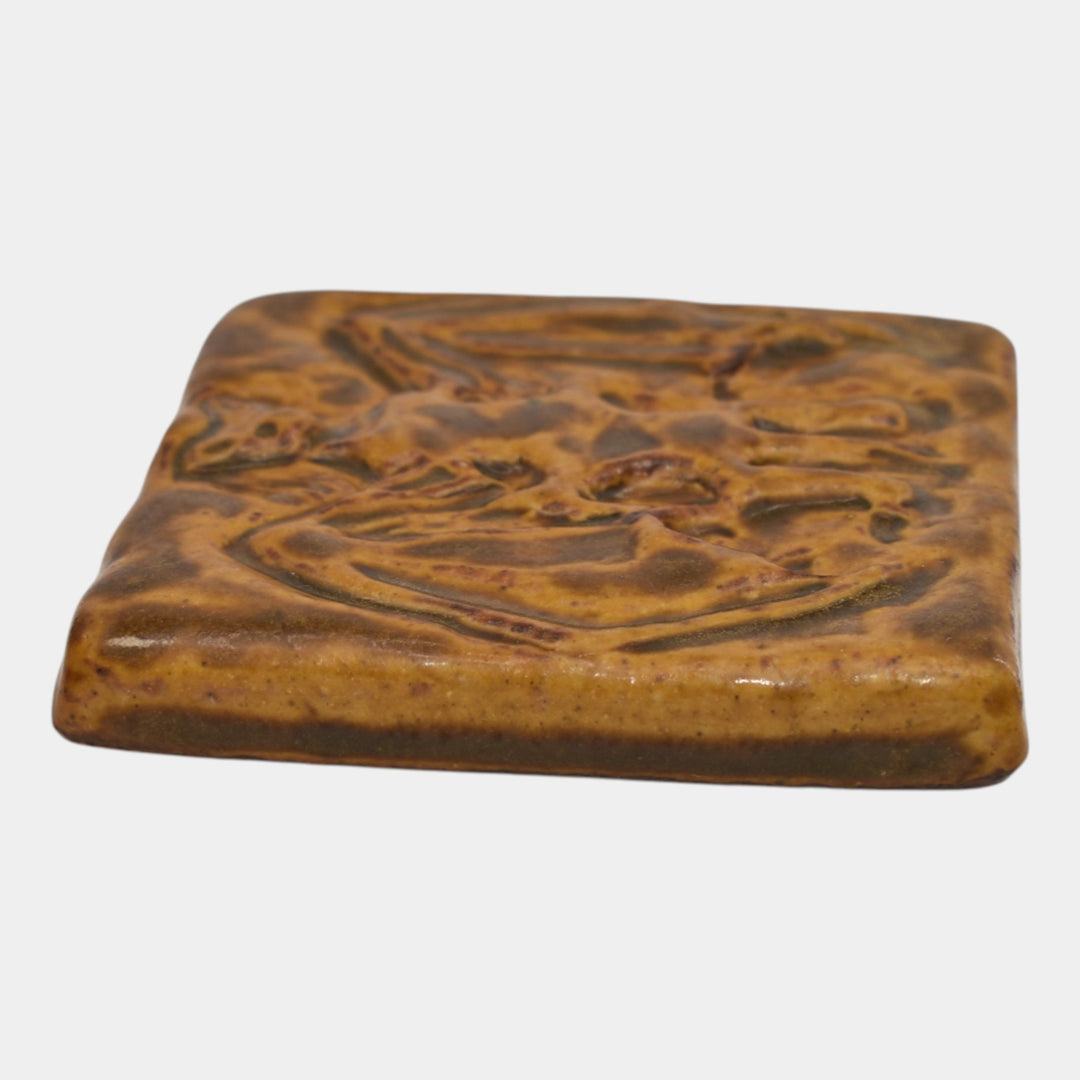 Pewabic 2003 Art Pottery Mottled Brown Arts And Crafts Bat Tile 100 Years Stamp - Just Art Pottery