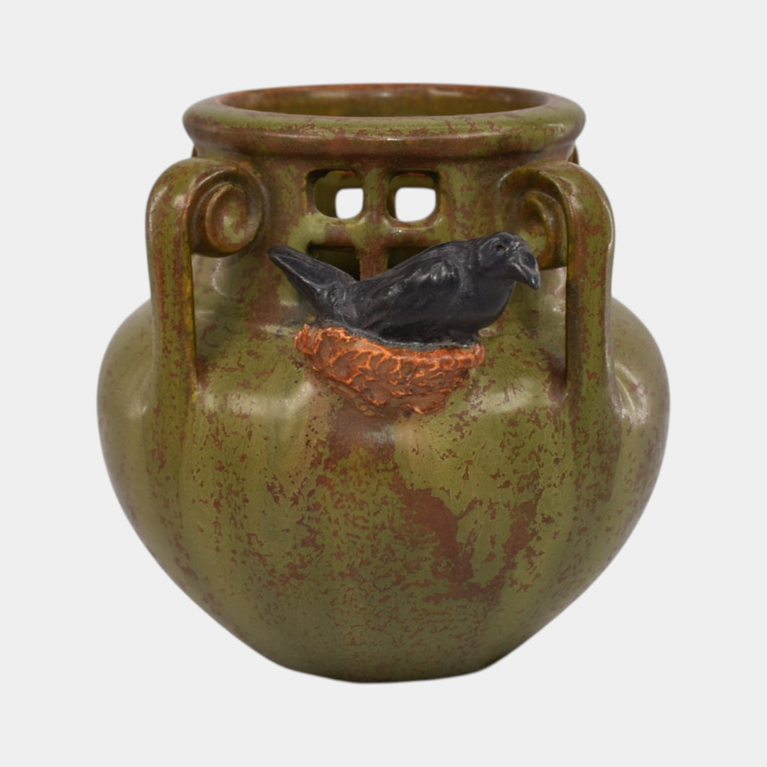 Ephraim Faience 2017 Hand Made Pottery Experimental Green Rookery Blackbird Vase - Just Art Pottery