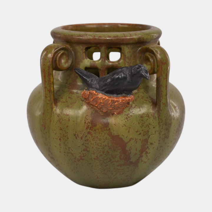 Ephraim Faience 2017 Hand Made Pottery Experimental Green Rookery Blackbird Vase - Just Art Pottery