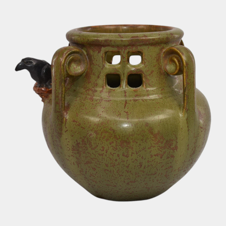 Ephraim Faience 2017 Hand Made Pottery Experimental Green Rookery Blackbird Vase - Just Art Pottery