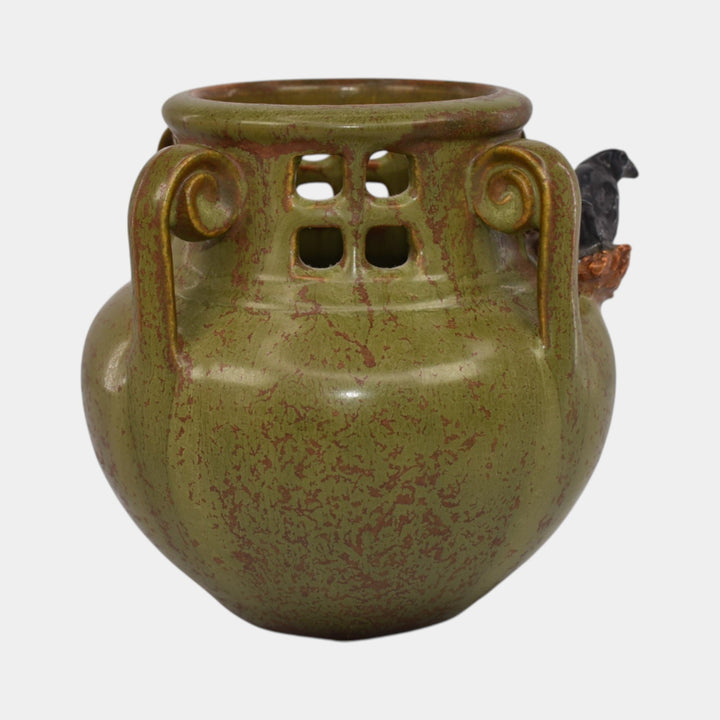 Ephraim Faience 2017 Hand Made Pottery Experimental Green Rookery Blackbird Vase - Just Art Pottery