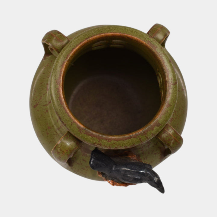 Ephraim Faience 2017 Hand Made Pottery Experimental Green Rookery Blackbird Vase - Just Art Pottery