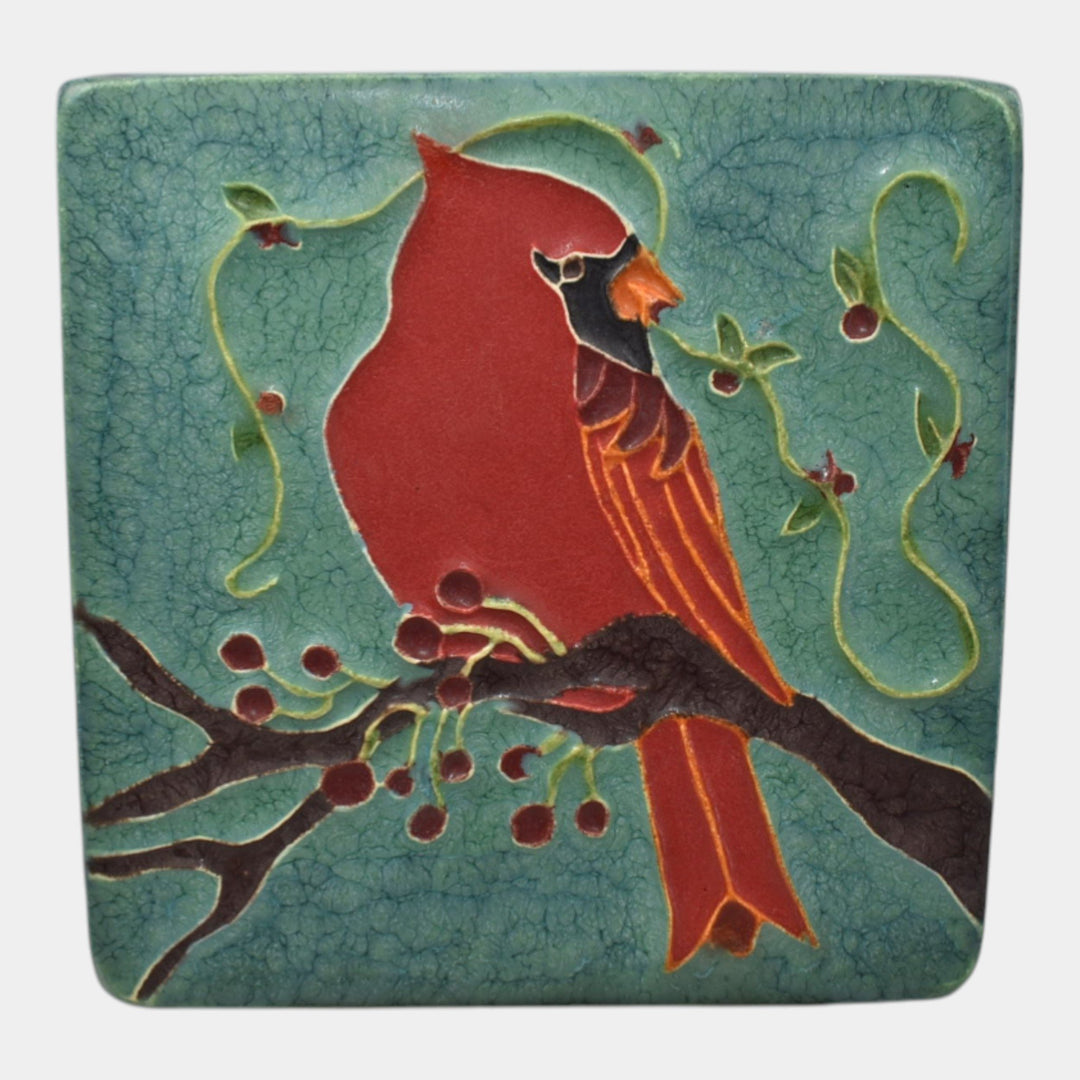 Ephraim Faience 2021 Hand Made Art Pottery Red Bird Cardinal Ceramic Tile - Just Art Pottery