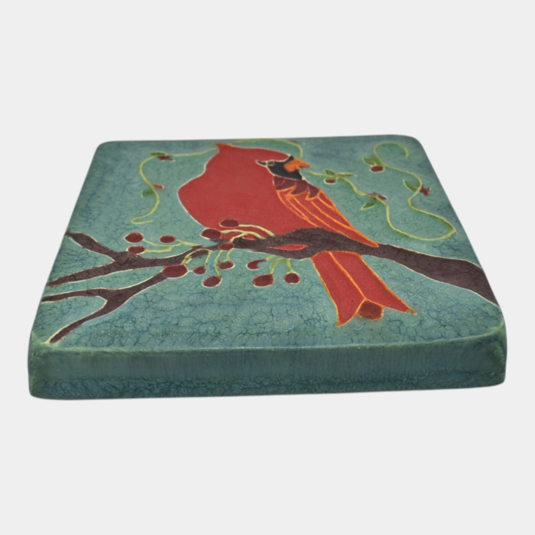 Ephraim Faience 2021 Hand Made Art Pottery Red Bird Cardinal Ceramic Tile - Just Art Pottery