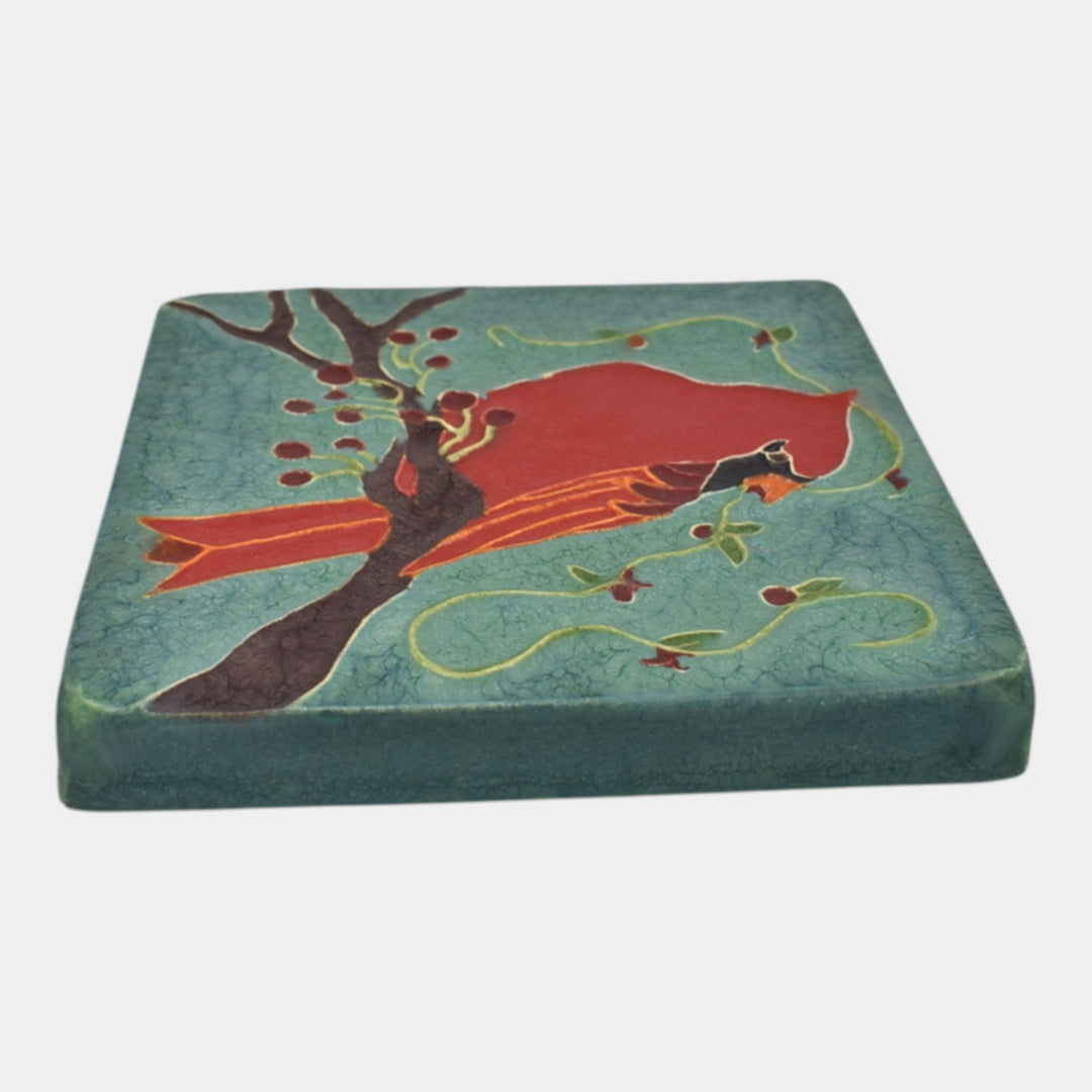 Ephraim Faience 2021 Hand Made Art Pottery Red Bird Cardinal Ceramic Tile - Just Art Pottery