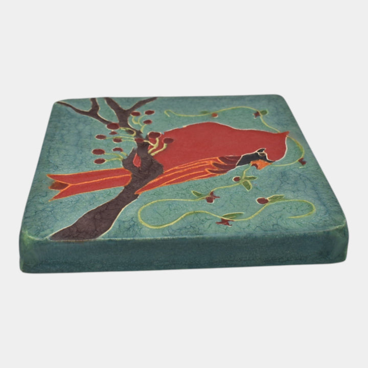 Ephraim Faience 2021 Hand Made Art Pottery Red Bird Cardinal Ceramic Tile - Just Art Pottery