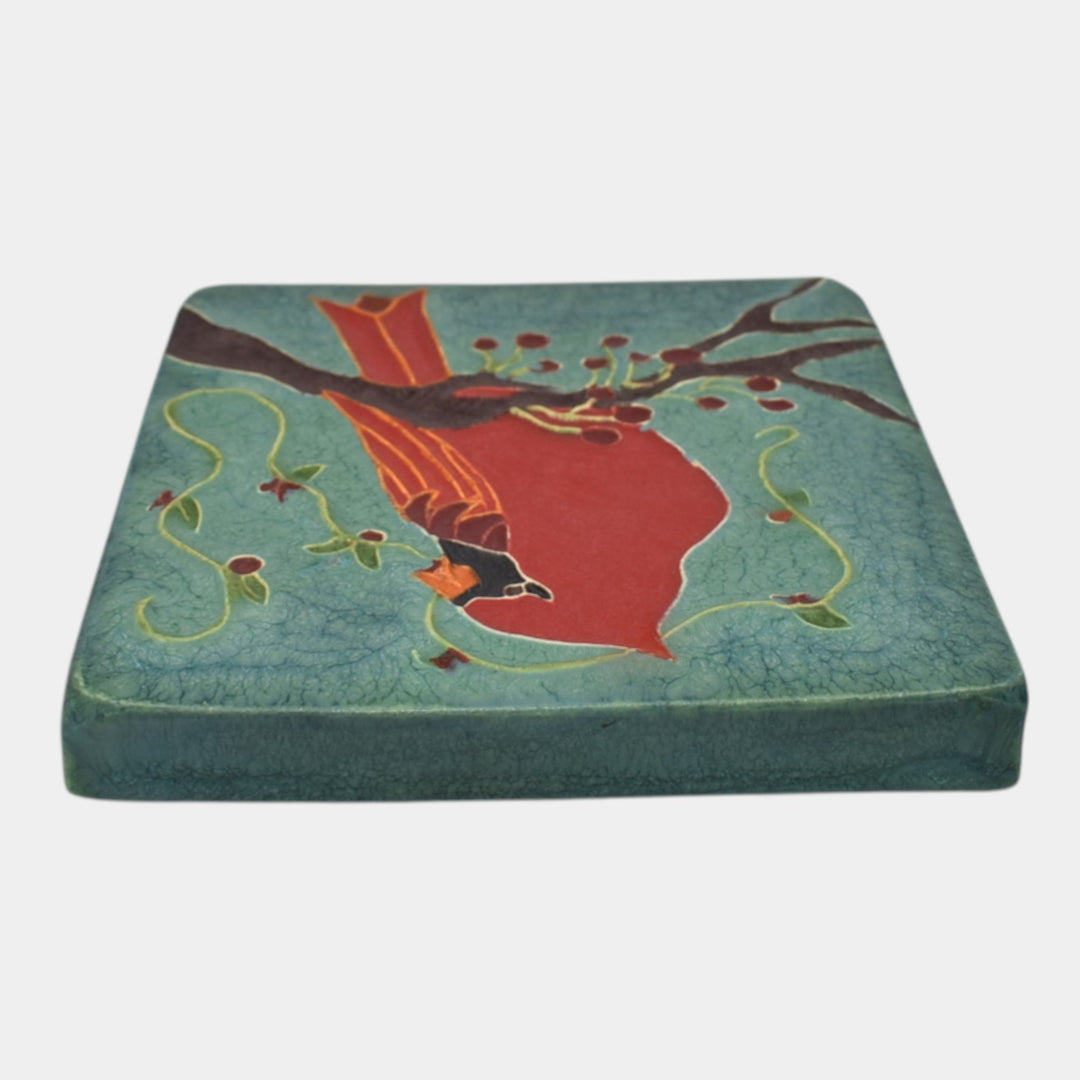 Ephraim Faience 2021 Hand Made Art Pottery Red Bird Cardinal Ceramic Tile - Just Art Pottery
