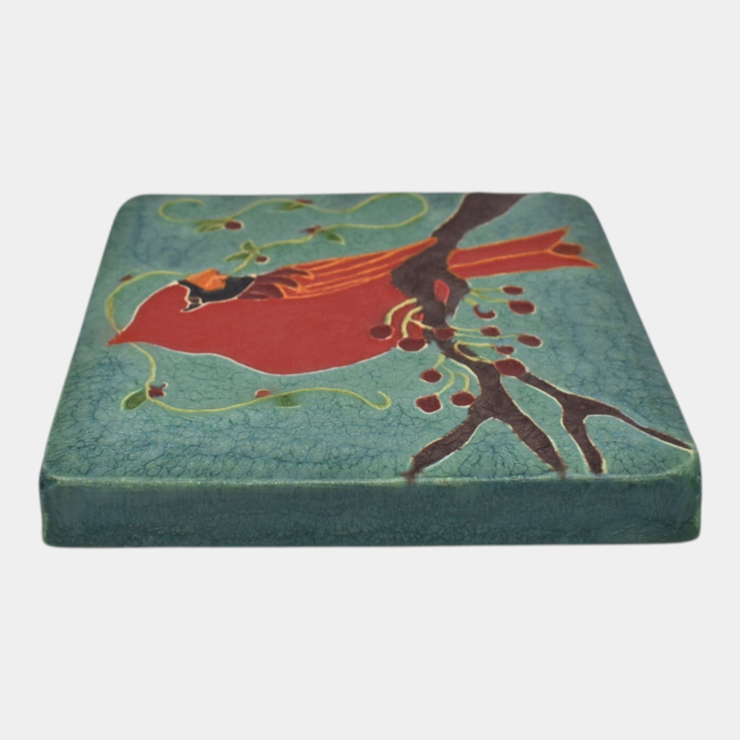 Ephraim Faience 2021 Hand Made Art Pottery Red Bird Cardinal Ceramic Tile - Just Art Pottery
