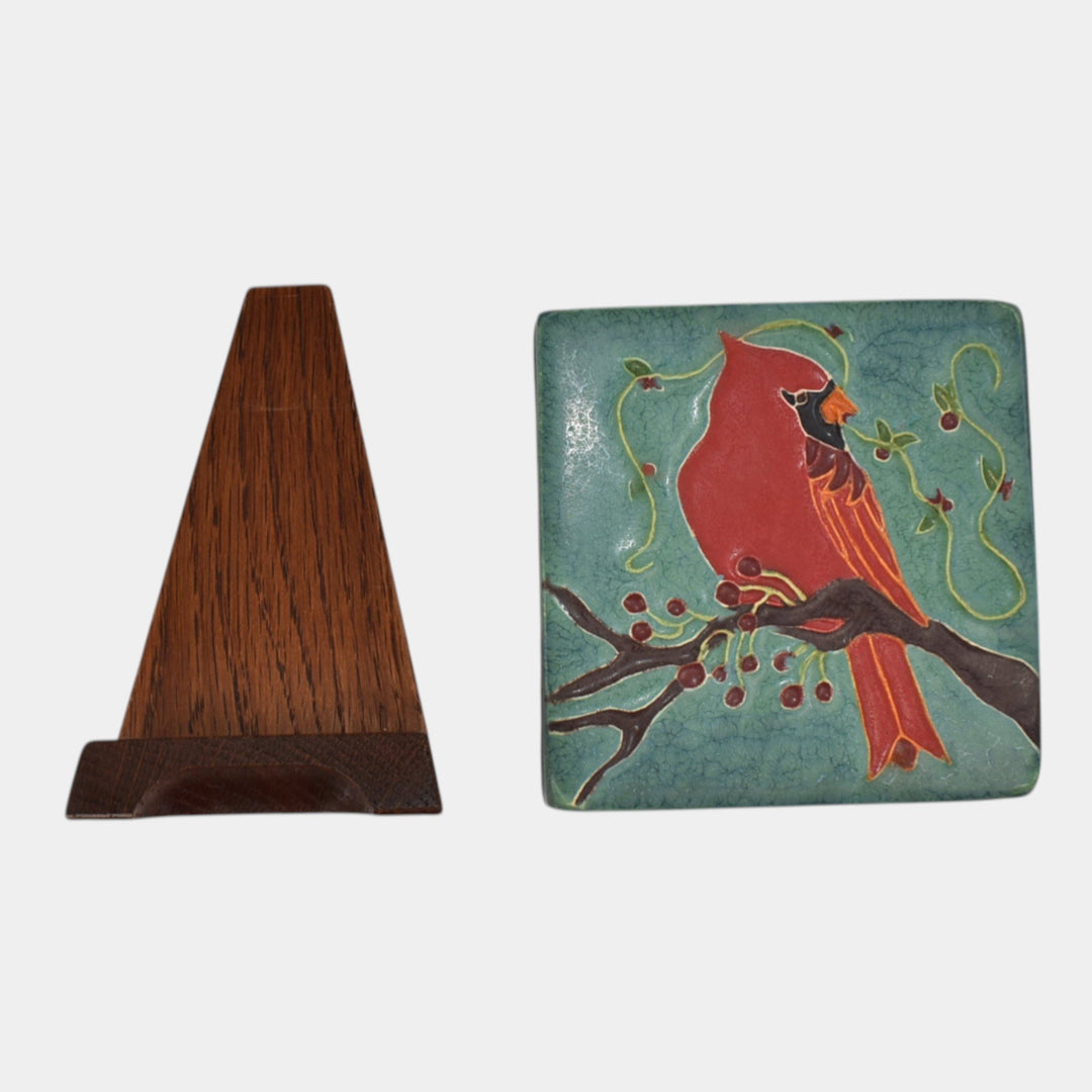 Ephraim Faience 2021 Hand Made Art Pottery Red Bird Cardinal Ceramic Tile - Just Art Pottery