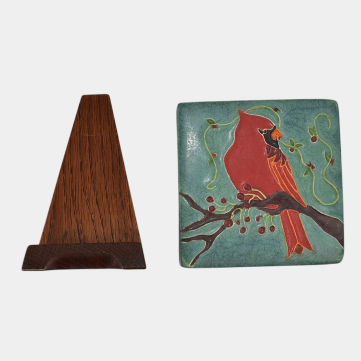 Ephraim Faience 2021 Hand Made Art Pottery Red Bird Cardinal Ceramic Tile - Just Art Pottery