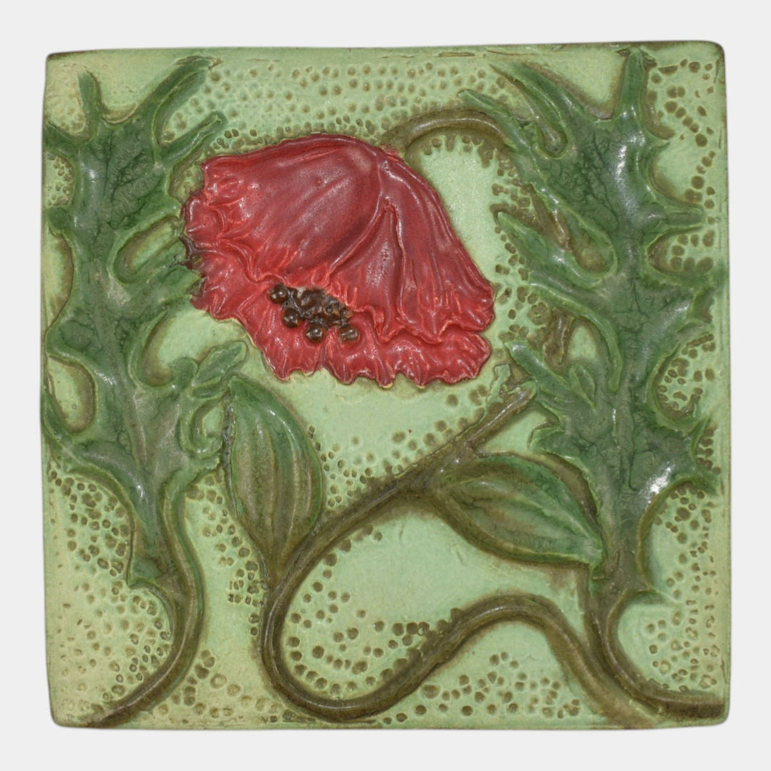 Ephraim Faience 2019 Hand Made Art Pottery Green Craftsman Poppy Ceramic Tile - Just Art Pottery