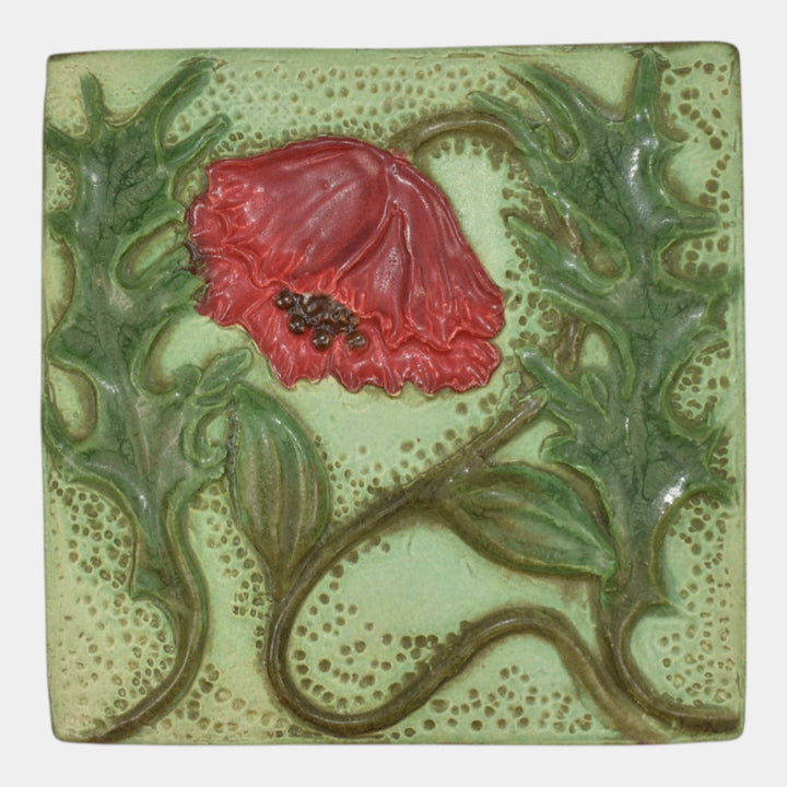 Ephraim Faience 2019 Hand Made Art Pottery Green Craftsman Poppy Ceramic Tile - Just Art Pottery