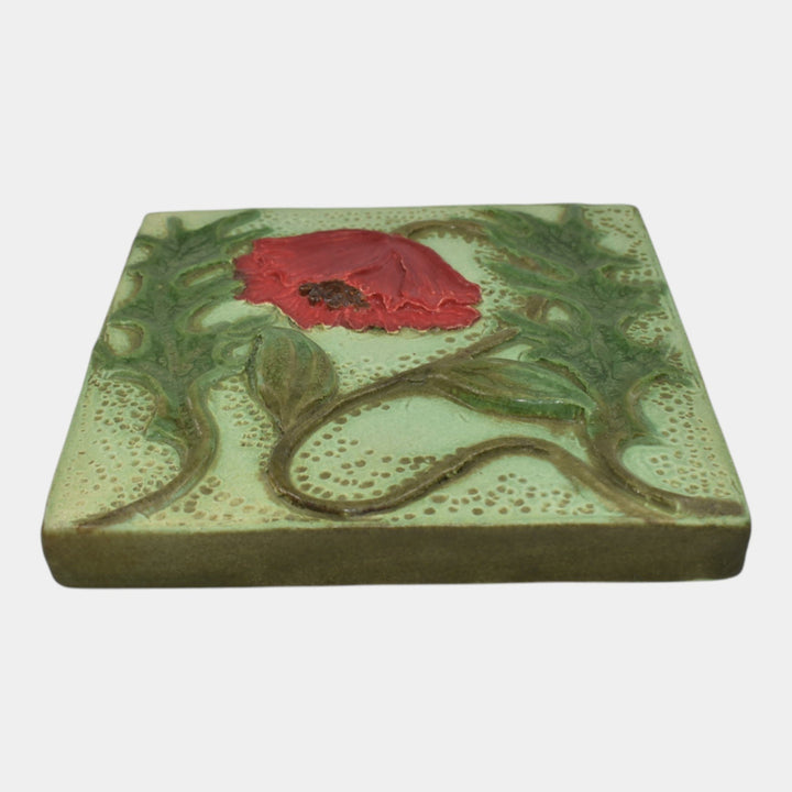 Ephraim Faience 2019 Hand Made Art Pottery Green Craftsman Poppy Ceramic Tile - Just Art Pottery