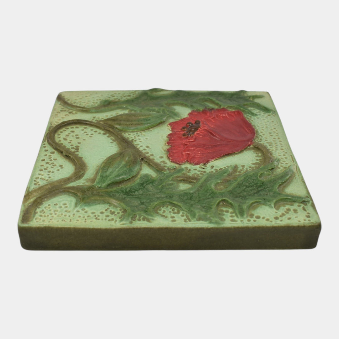 Ephraim Faience 2019 Hand Made Art Pottery Green Craftsman Poppy Ceramic Tile - Just Art Pottery