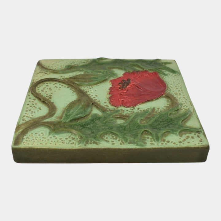 Ephraim Faience 2019 Hand Made Art Pottery Green Craftsman Poppy Ceramic Tile - Just Art Pottery