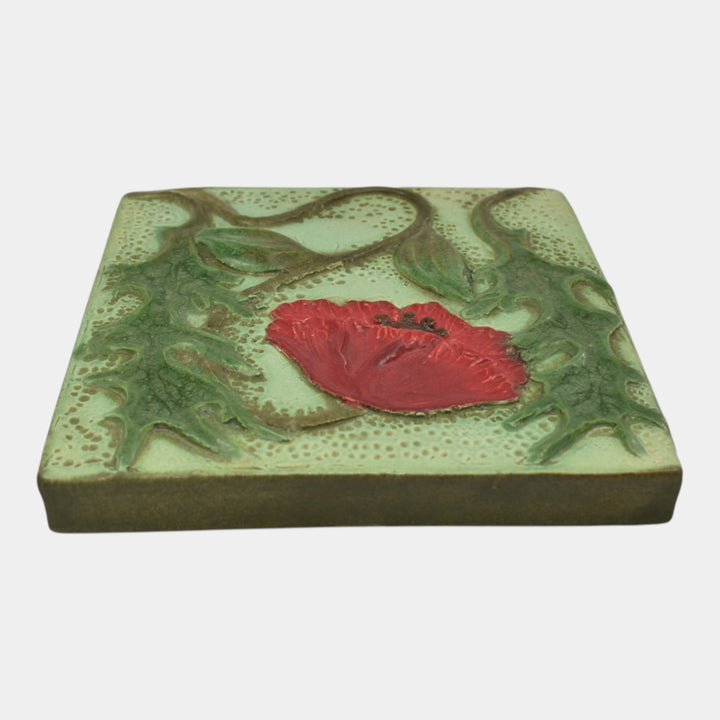 Ephraim Faience 2019 Hand Made Art Pottery Green Craftsman Poppy Ceramic Tile - Just Art Pottery