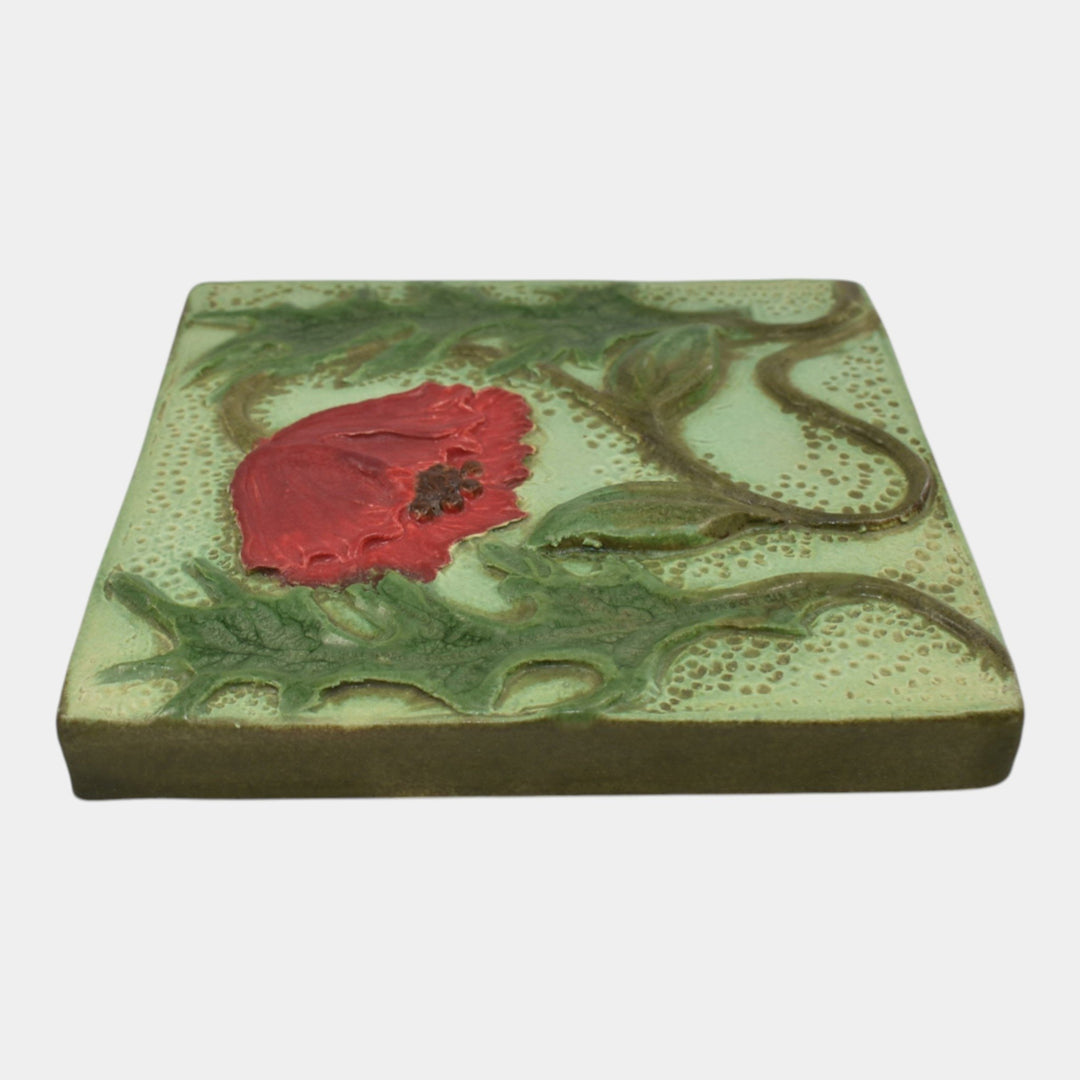 Ephraim Faience 2019 Hand Made Art Pottery Green Craftsman Poppy Ceramic Tile - Just Art Pottery