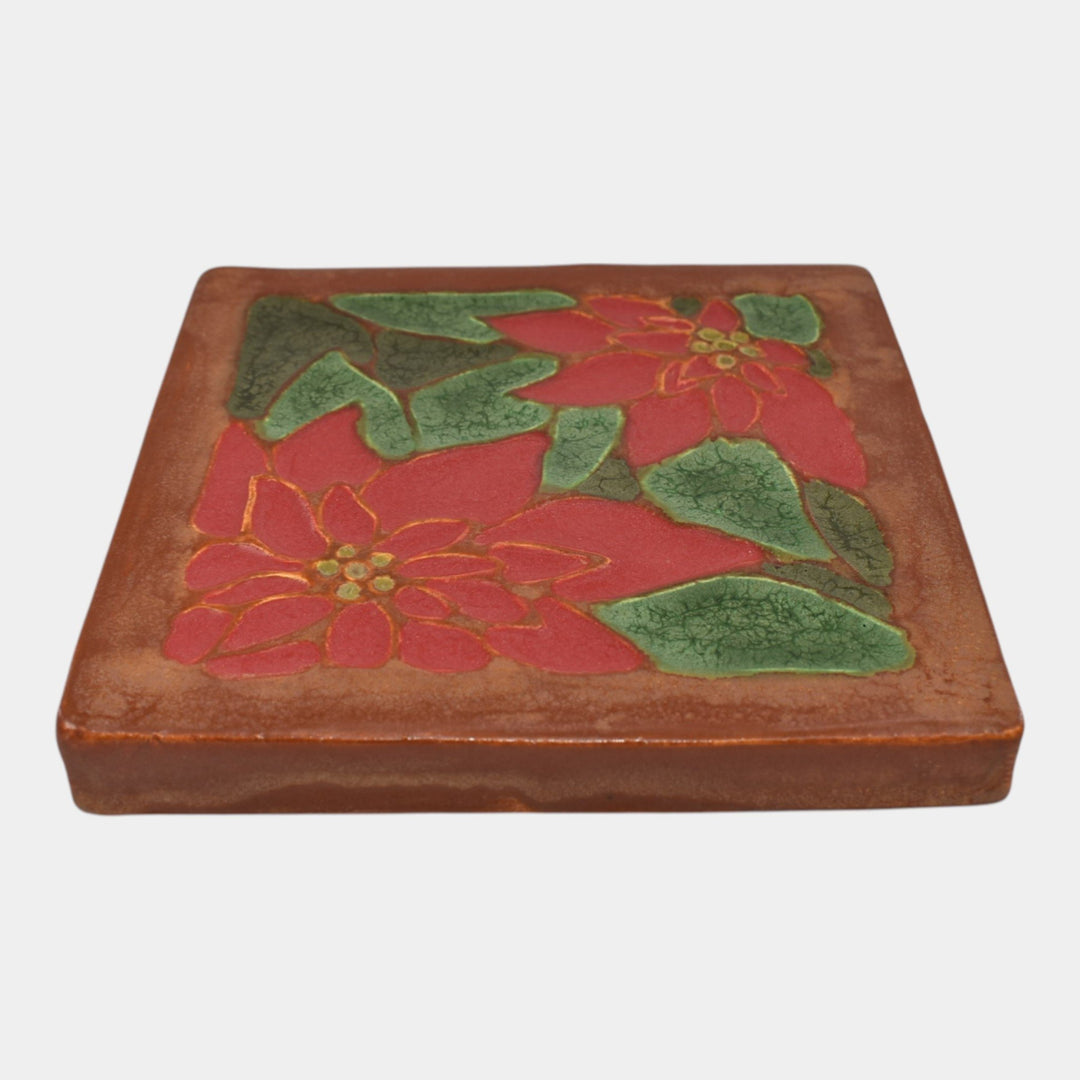 Ephraim Faience 2019 Hand Made Art Pottery Brown Red Poinsettia Ceramic Tile - Just Art Pottery