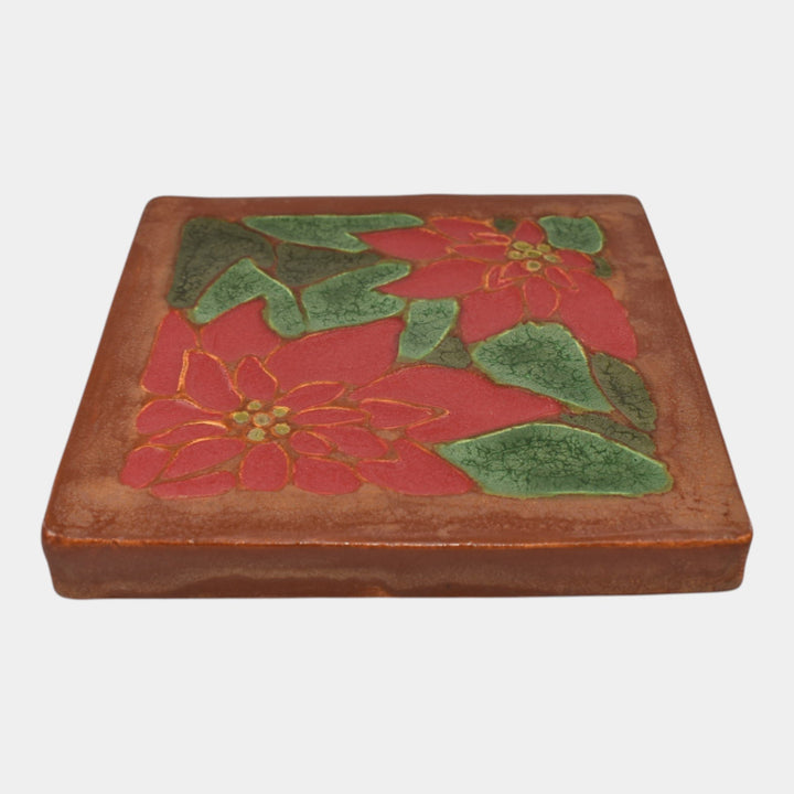 Ephraim Faience 2019 Hand Made Art Pottery Brown Red Poinsettia Ceramic Tile - Just Art Pottery