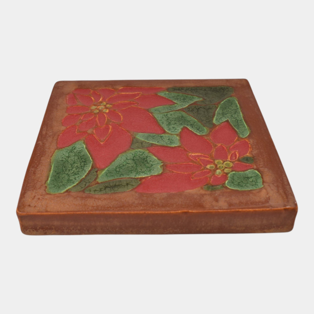 Ephraim Faience 2019 Hand Made Art Pottery Brown Red Poinsettia Ceramic Tile - Just Art Pottery