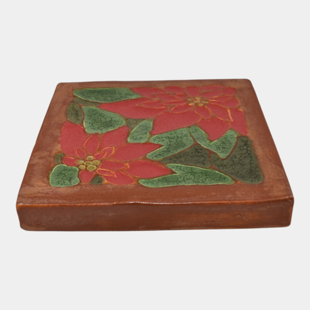 Ephraim Faience 2019 Hand Made Art Pottery Brown Red Poinsettia Ceramic Tile - Just Art Pottery
