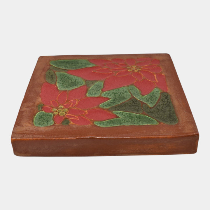 Ephraim Faience 2019 Hand Made Art Pottery Brown Red Poinsettia Ceramic Tile - Just Art Pottery