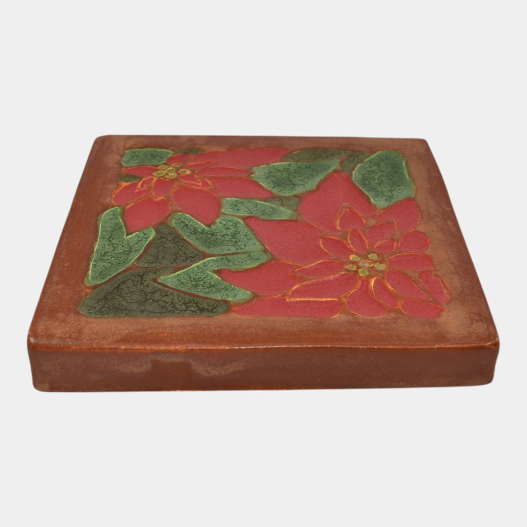 Ephraim Faience 2019 Hand Made Art Pottery Brown Red Poinsettia Ceramic Tile - Just Art Pottery