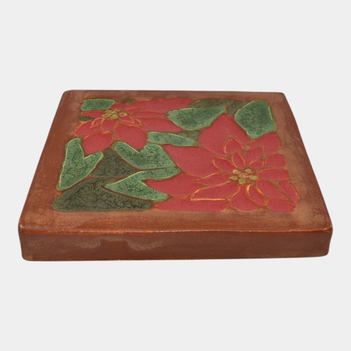 Ephraim Faience 2019 Hand Made Art Pottery Brown Red Poinsettia Ceramic Tile - Just Art Pottery