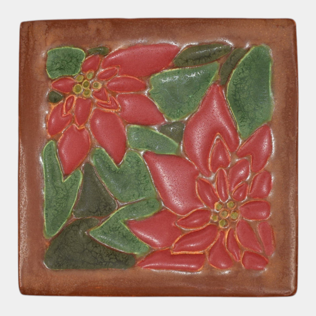 Ephraim Faience 2019 Hand Made Art Pottery Brown Red Poinsettia Ceramic Tile - Just Art Pottery
