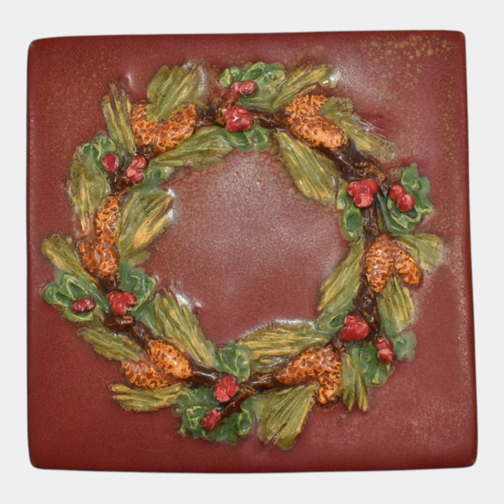 Ephraim Faience 2023 Hand Made Art Pottery Red Welcome Wreath Ceramic Tile - Just Art Pottery