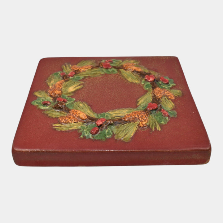 Ephraim Faience 2023 Hand Made Art Pottery Red Welcome Wreath Ceramic Tile - Just Art Pottery