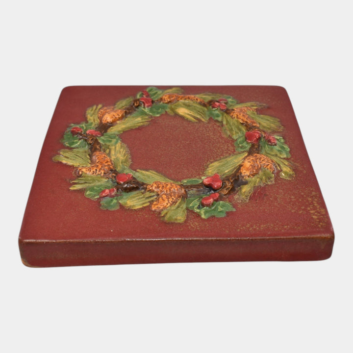 Ephraim Faience 2023 Hand Made Art Pottery Red Welcome Wreath Ceramic Tile - Just Art Pottery