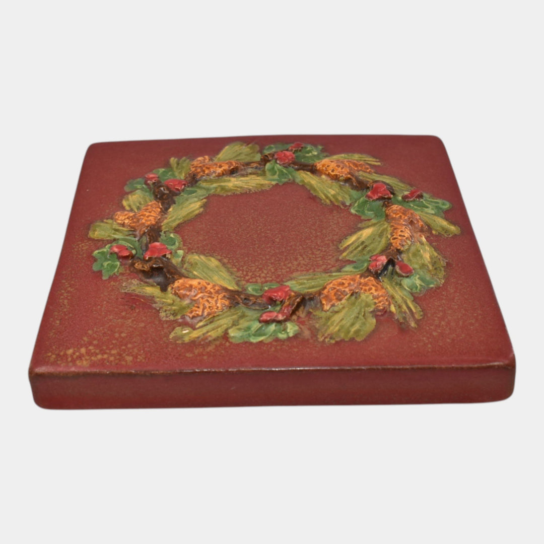 Ephraim Faience 2023 Hand Made Art Pottery Red Welcome Wreath Ceramic Tile - Just Art Pottery