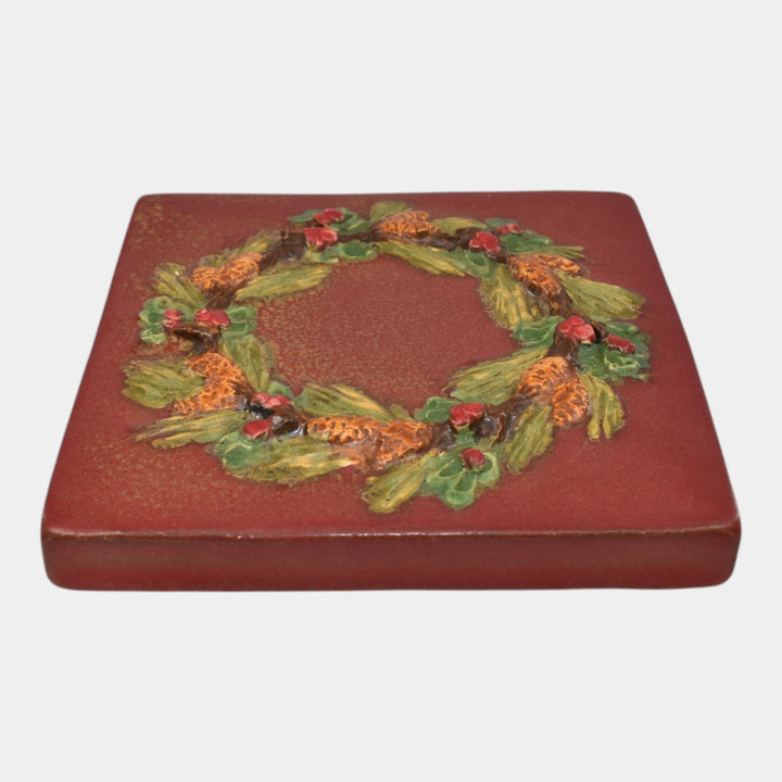 Ephraim Faience 2023 Hand Made Art Pottery Red Welcome Wreath Ceramic Tile - Just Art Pottery