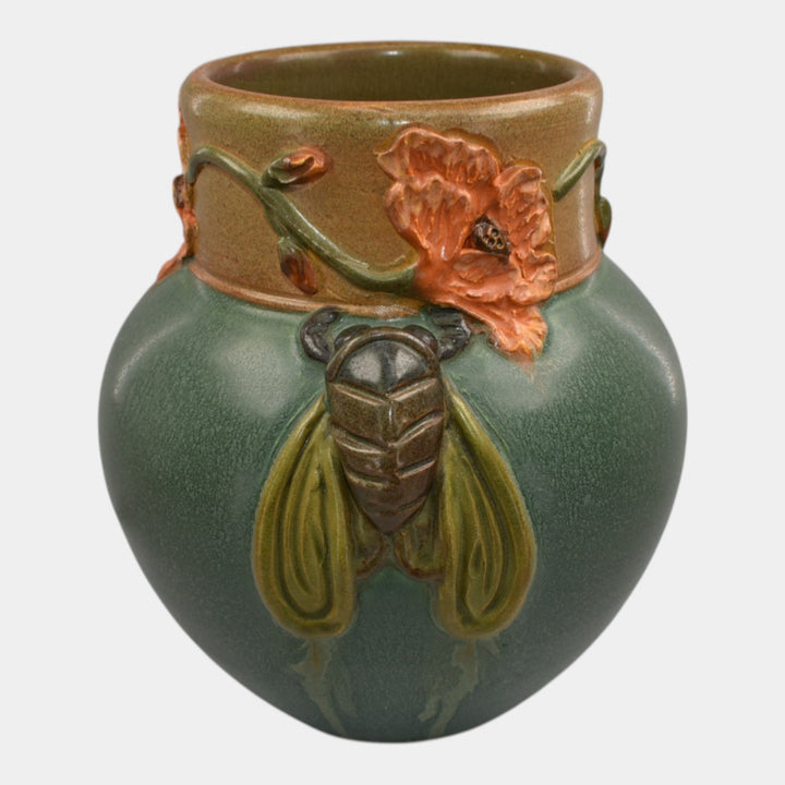 Ephraim Faience 2017 Hand Made Pottery Green Poppy Cicada Vase - Just Art Pottery