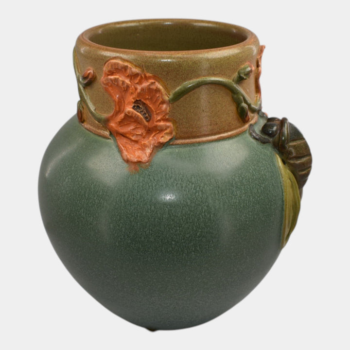 Ephraim Faience 2017 Hand Made Pottery Green Poppy Cicada Vase - Just Art Pottery