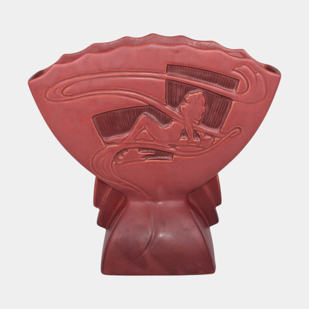 Roseville Silhouette Red 1950 Vintage Art Deco Pottery Nude Fan Vase 783-7