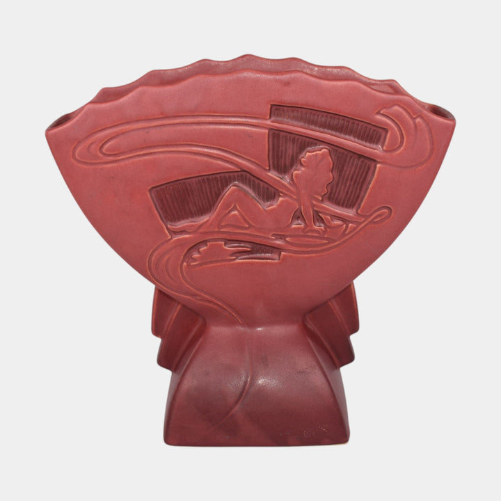 Roseville Silhouette Red 1950 Vintage Art Deco Pottery Nude Fan Vase 783-7