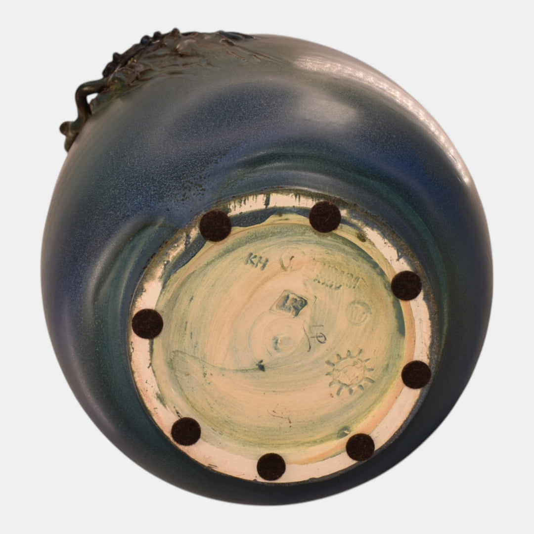 Ephraim Faience 2024 Hand Made Pottery Green Blue Lunar Alchemy Raven Vase - Just Art Pottery