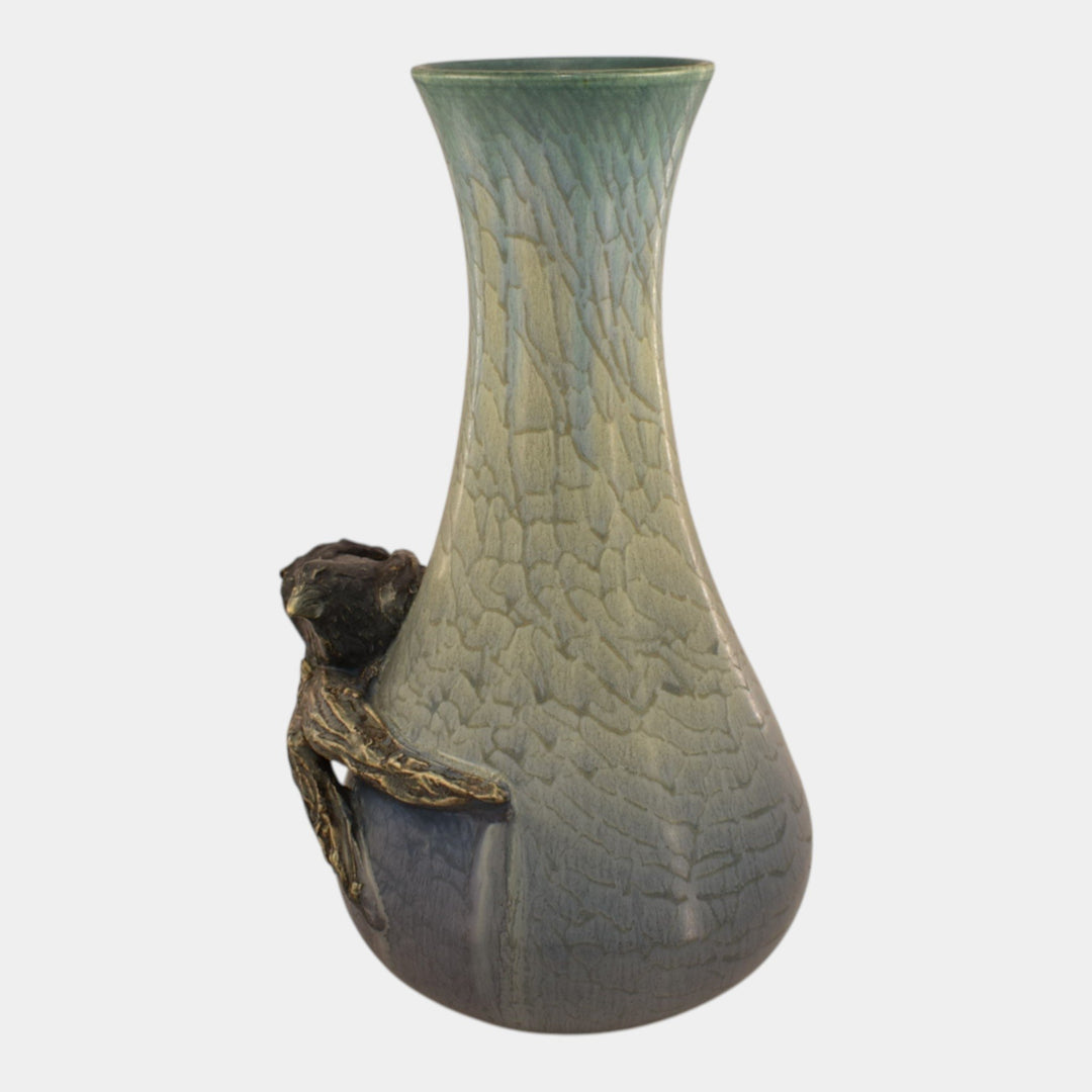 Ephraim Faience Experimental Hand Made Pottery Blue Raven Vase - Just Art Pottery