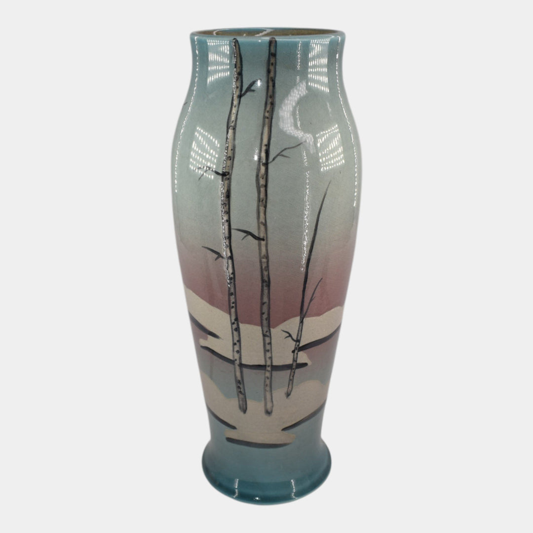 Ephraim Faience Hand Made Pottery Blue Snowy Birch Scenic Vellum Vase - Just Art Pottery