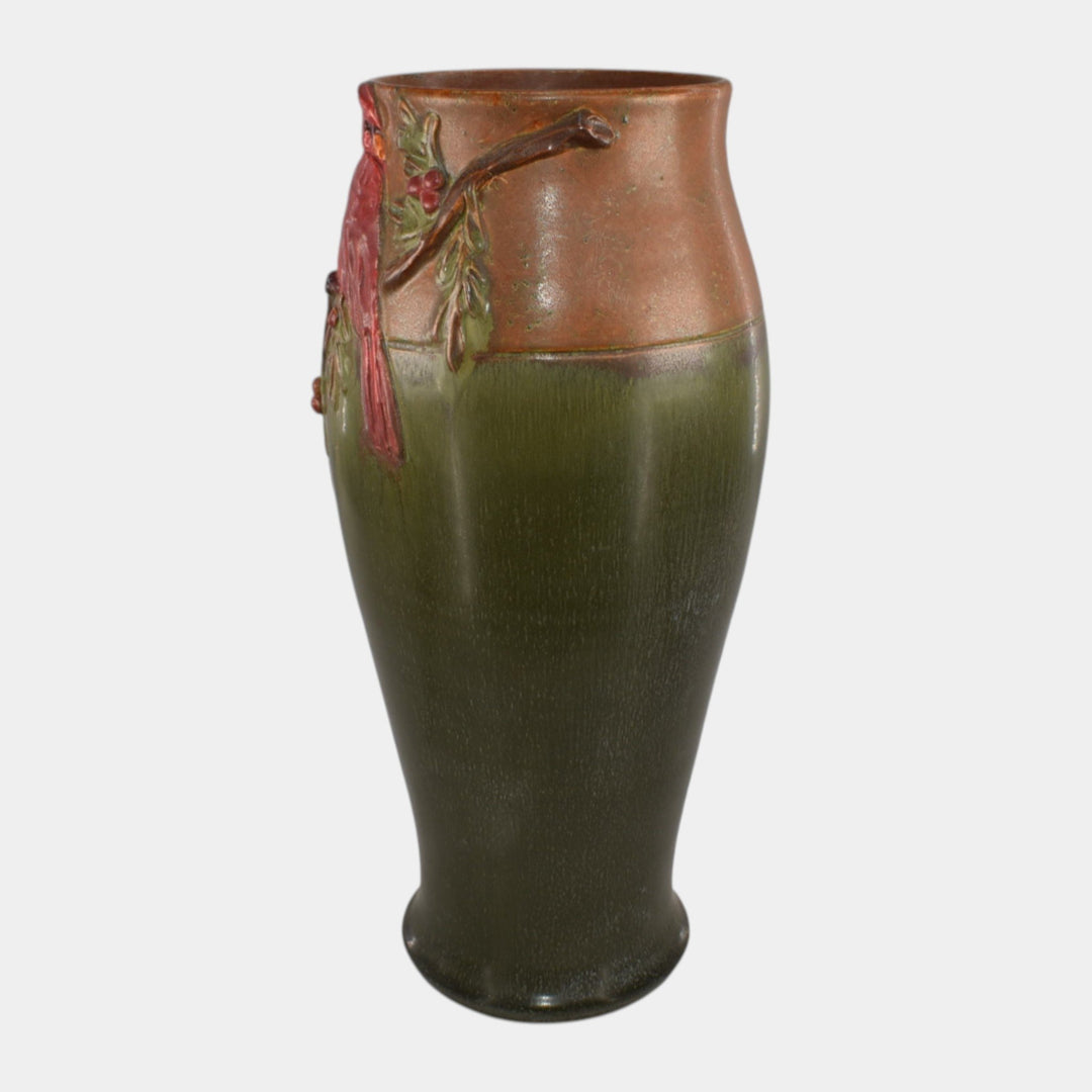 Ephraim Faience 2018 Hand Made Pottery Brown Green Winter Songbird Cardinal Vase - Just Art Pottery