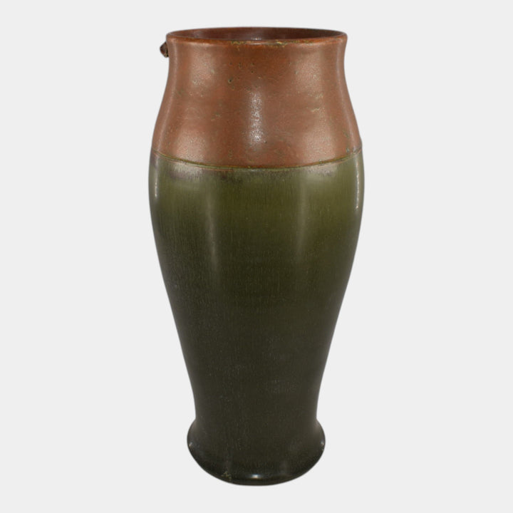 Ephraim Faience 2018 Hand Made Pottery Brown Green Winter Songbird Cardinal Vase - Just Art Pottery