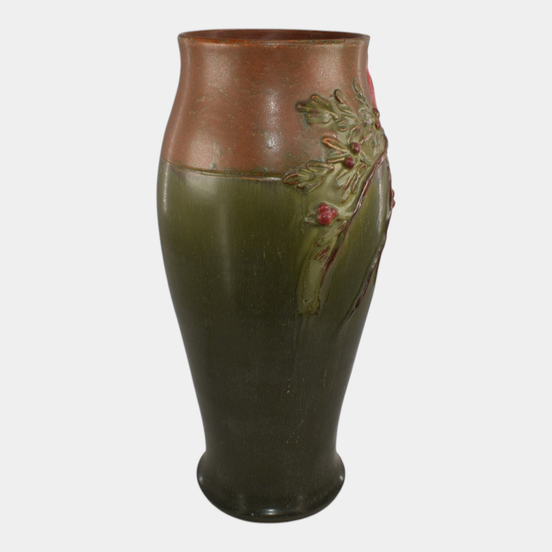 Ephraim Faience 2018 Hand Made Pottery Brown Green Winter Songbird Cardinal Vase - Just Art Pottery