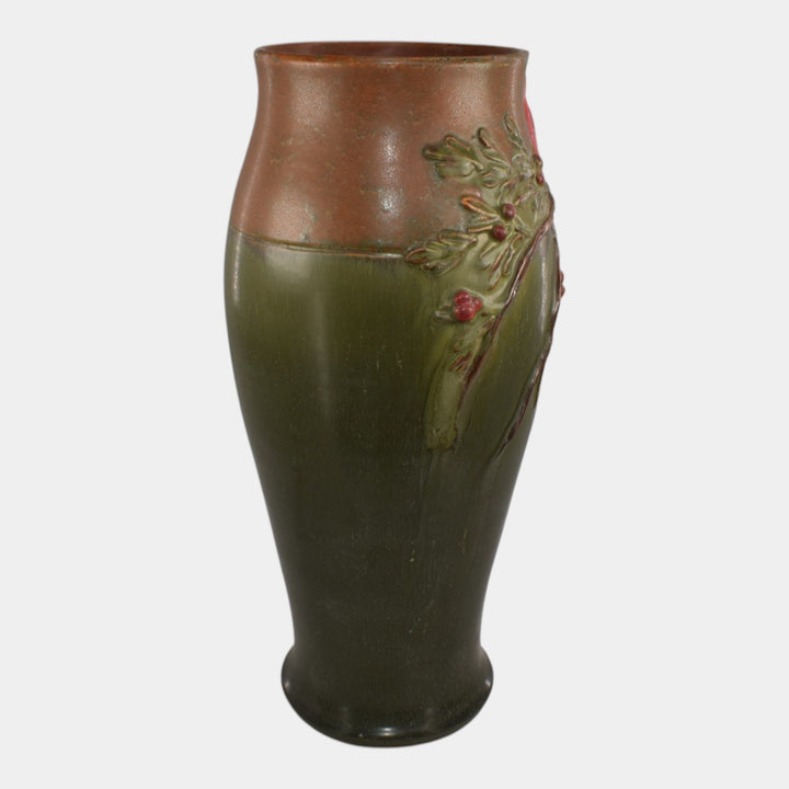 Ephraim Faience 2018 Hand Made Pottery Brown Green Winter Songbird Cardinal Vase - Just Art Pottery