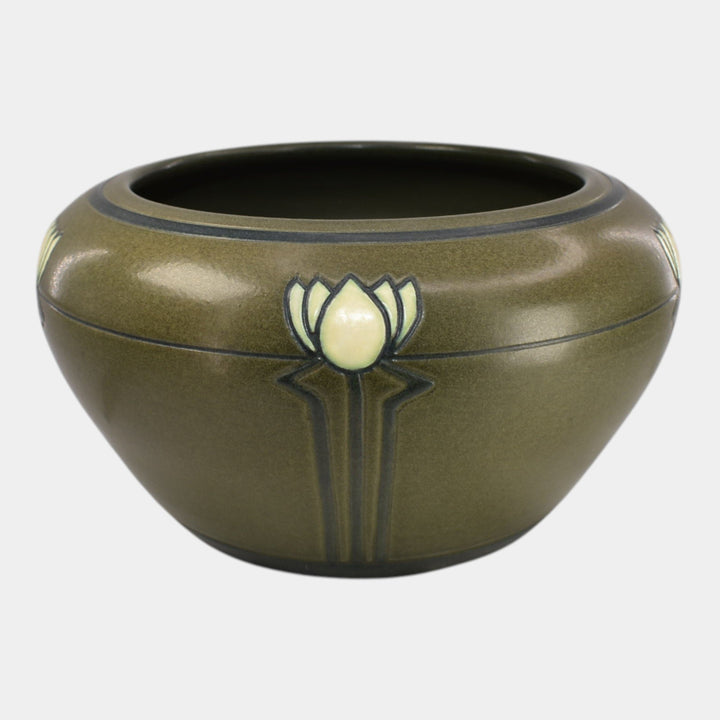 Ephraim Faience Marblehead Style Pottery Chestnut Green Enlightenment Bowl - Just Art Pottery