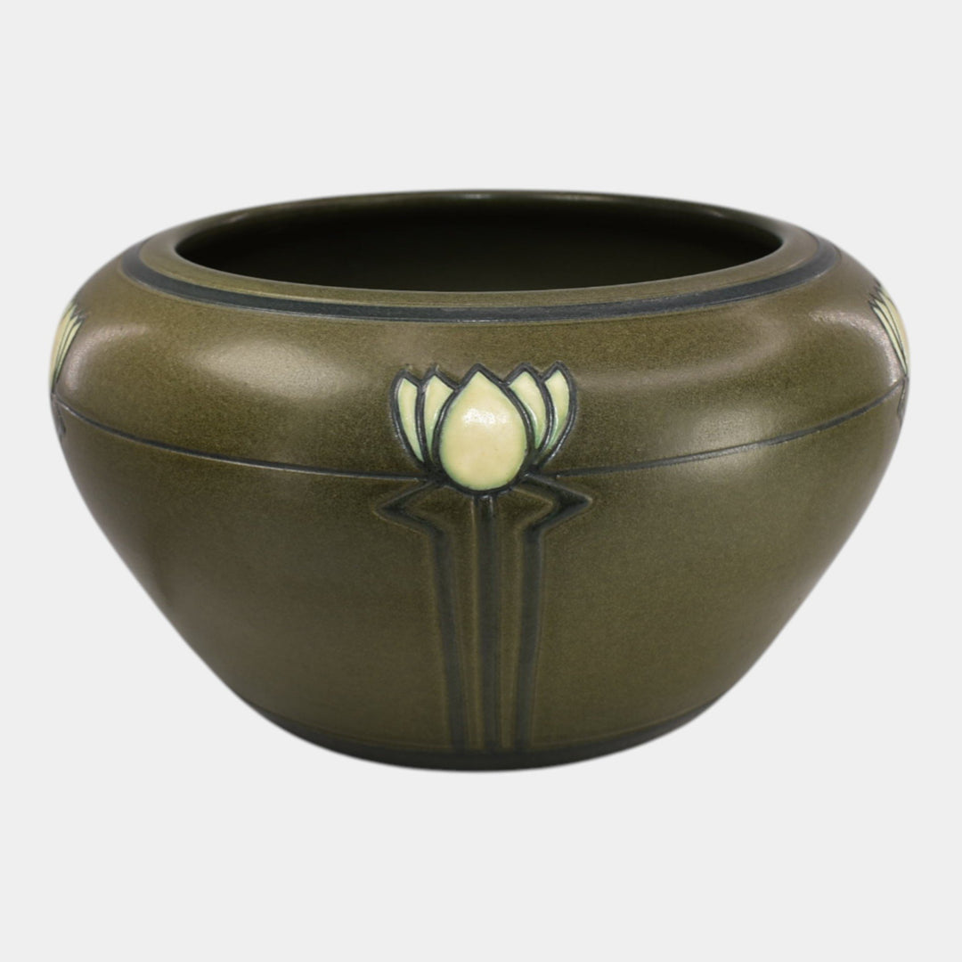 Ephraim Faience Marblehead Style Pottery Chestnut Green Enlightenment Bowl - Just Art Pottery