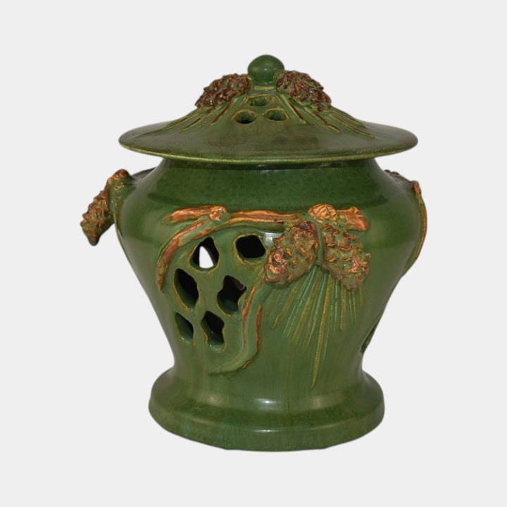 Ephraim Faience Hand Made Pottery Green Reticulated Pine Electric Lantern Lamp