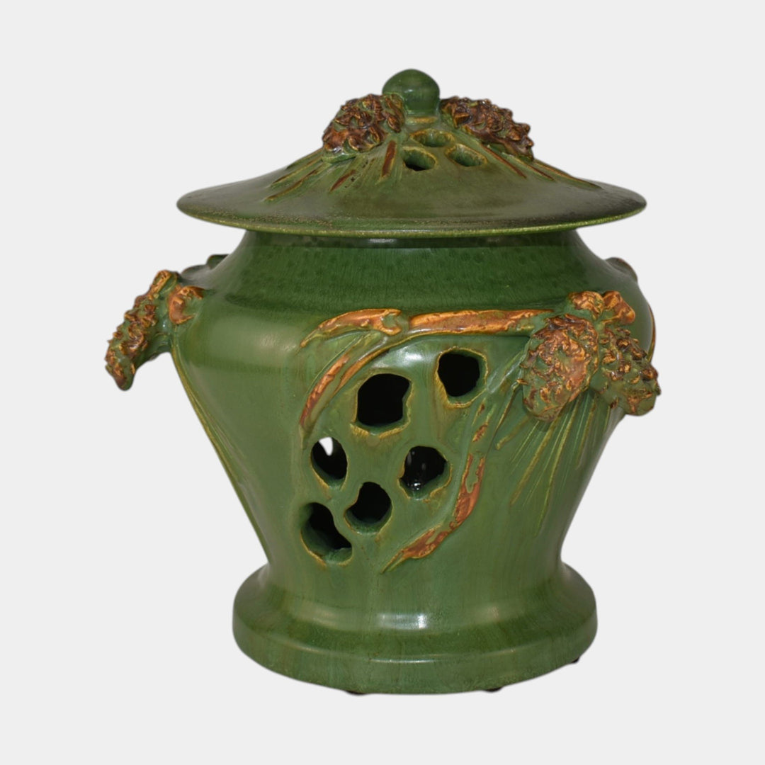 Ephraim Faience Hand Made Pottery Green Reticulated Pine Electric Lantern Lamp
