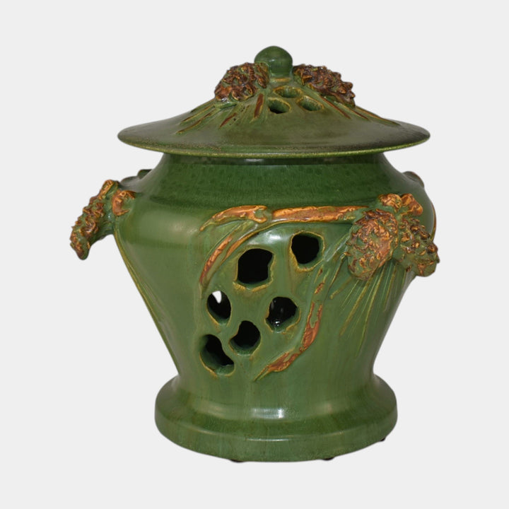 Ephraim Faience Hand Made Pottery Green Reticulated Pine Electric Lantern Lamp